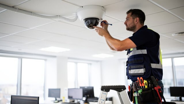 A skilled technician ensures the security camera is properly installed and functioning in a contemporary office setting.