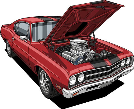 Classic Muscle Car Engine View Vintage Vector Illustration