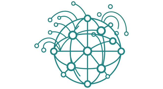 Abstract teal globe with interconnected nodes and swirling lines