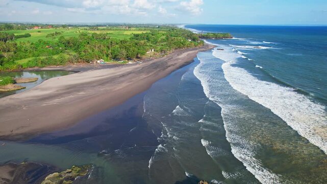 Aerial drone footage of Kelecung black sand beach in Bali, Indonesia, with a river coming out, blue sea with long waves, coconut trees aside, rice fields, and cafes food huts in front of the beach