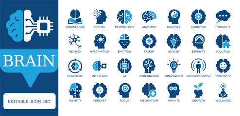 Fototapeta premium Brain and Mental Health Icons. Featuring artificial intelligence, psychology, cognitive growth, and mindfulness symbols. Professional two-tone vector set for healthcare and tech apps