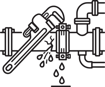 Leaky pipe with wrench indicating plumbing repair maintenance and fixing water system issues.