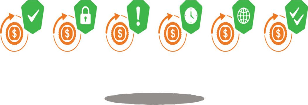 Vector illustration of coin cash with round arrow and shield with check mark. Icon of copay. Symbol of copayment. icon set