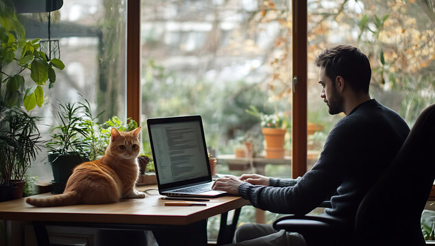A man sitting at a wooden desk working on a laptop computer with a ginger cat sitting beside him in a sunlit room with large windows and plants