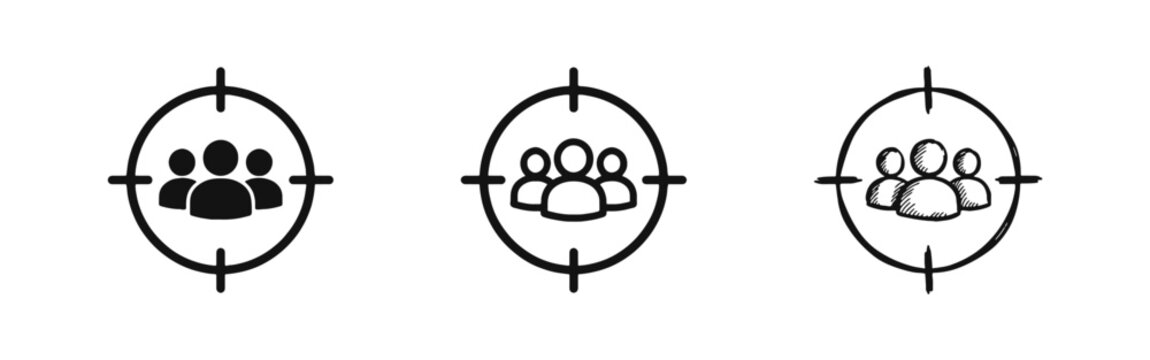 Target audience and customer targeting icon set with people in crosshair