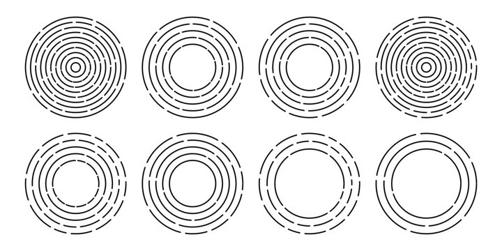 Dashed lines concentric circular frames with soundwave ripples. Round sonar wave signal shapes or tree year circles contours. Vector illustration