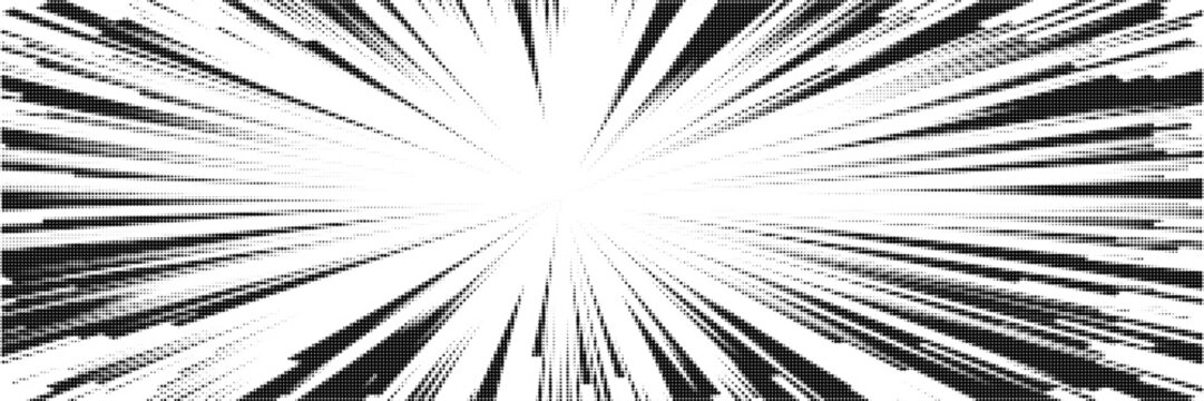 Central black lines with halftone texture on a white bg to illustrate the speed effect in manga style. Explosion in comics. Fast forward background in anime. Radial burst