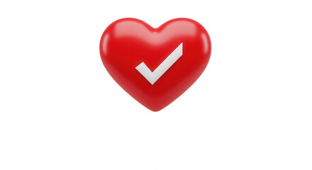 Fototapeta premium A glossy, three-dimensional red heart featuring a white checkmark symbol centered on its surface against a solid black background