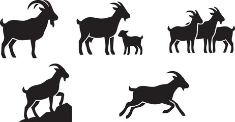 Fototapeta premium Collection of goat silhouettes including family groups and solitary animals.