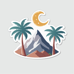 Obraz premium Tropical Mountain Landscape with Crescent Moon and Palm Trees