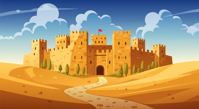 Majestic ancient castle stands tall in a vast desert landscape, a vibrant vector illustration depicting historical architecture and adventure