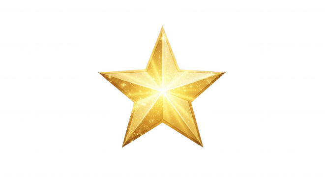 A glowing five-pointed golden star with a bright central light flare and sparkling particles isolated on a solid black background
