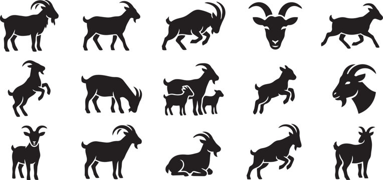 Large collection of black goat silhouettes, domestic horned mammals in diverse poses, vector illustration.