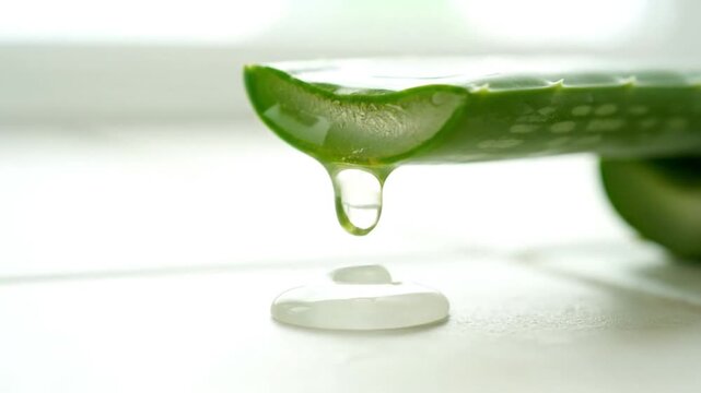 Close-up of aloe vera leaf with clear gel dripping, natural remedy for skin care and wellness on a white surface