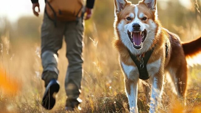 close up animal psychologist working with aggressive dog training outdoors