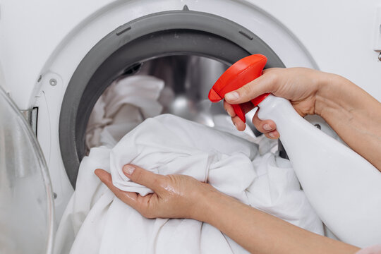 Person treating clothes with laundry detergent before wash cycle. Concept stain removal and fabric maintenance.
