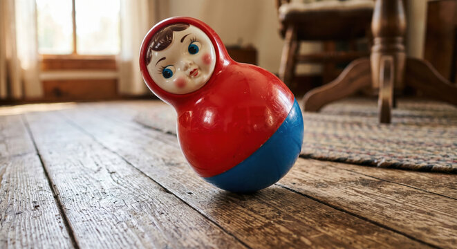 Vintage Russian roly-poly toy doll nevalyashka on rustic wooden floor in sunny room