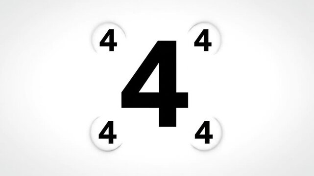 Visual representation of the number four, surrounded by smaller number fours on a white background, creating an educational concept.