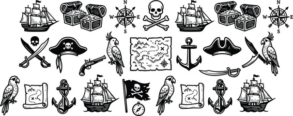 Vintage pirate adventure vector icon set with skull crossbones treasure chest sailing ship map parrot and anchor. © Jhuma Begum