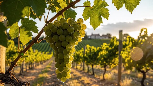 Ripe green grapes hanging from a vine in a sunlit vineyard with rows of grapevines and a house in the distance
