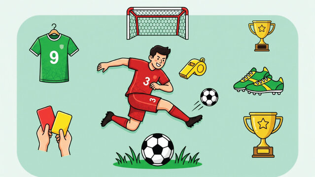 Soccer player running with ball surrounded by jersey and whistle and cleats and referee cards and trophies and goal post vector illustration for sports equipment marketing concept.