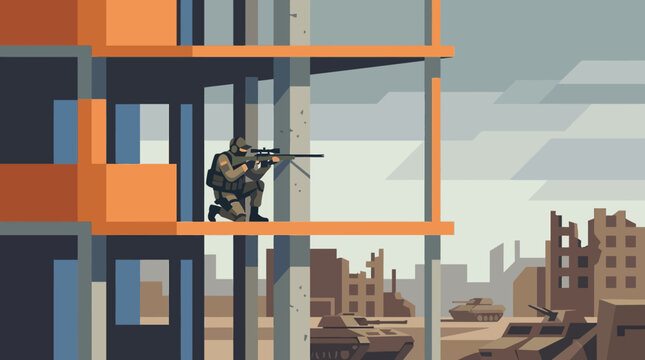 Soldier in a ruined building with a gun.