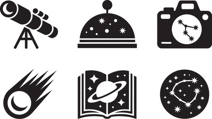 Astronomy and outer space science research icons set in solid style on white background telescope © zagrapic540