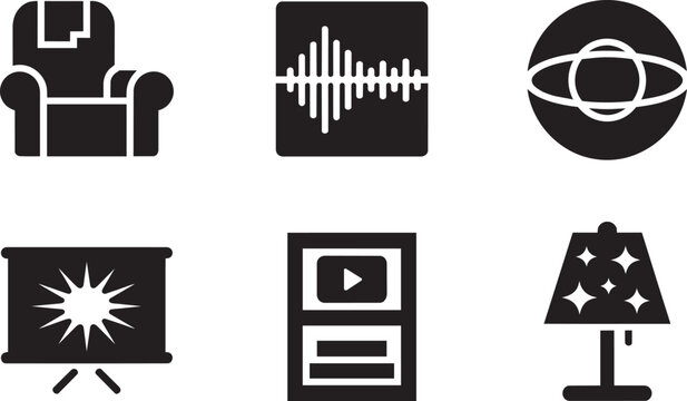 Armchair sound wave planet presentation screen video player and lamp icons set in outline solid