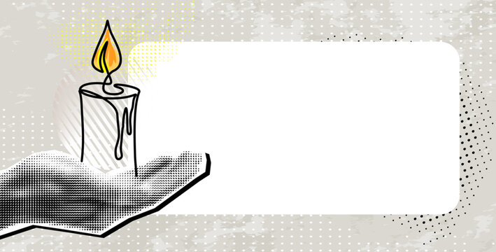 Trendy Halftone Collage human hand holding candle flame continuous one line drawing, with a frame for your text. Memorial symbol. Vector illustration.