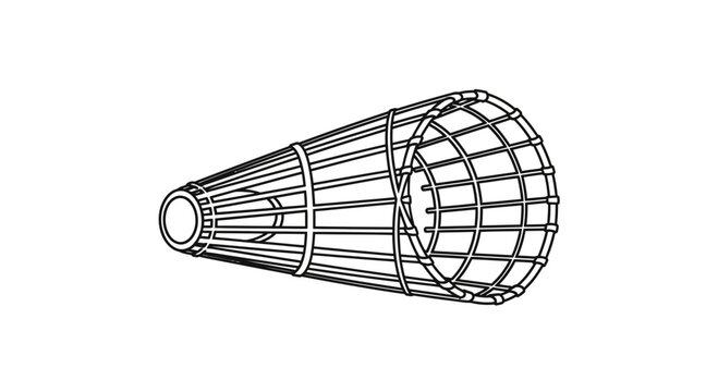 Wire cage, conical shape, industrial design, protective guard, abstract geometric form, technical drawing