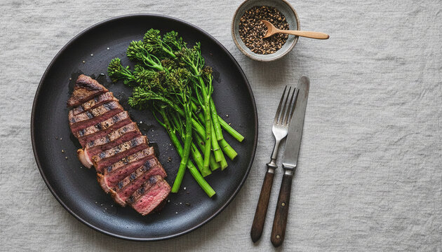 Sliced grilled steak with broccolini on a black plate, with a small bowl of peppercorns and cutlery, showcasing a gourmet meal ready for consumption, symbolizing fine dining and culinary excellence