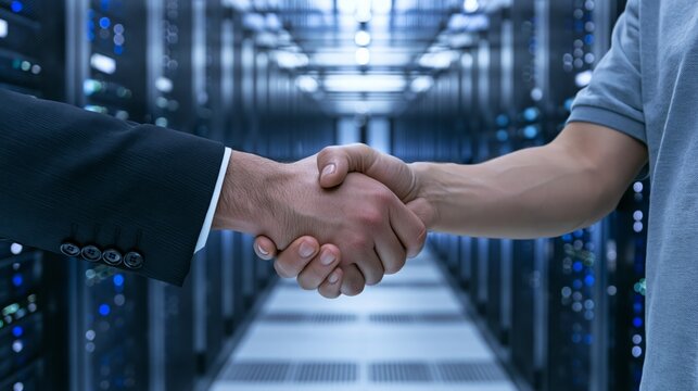 Business deal handshake in a data center and cloud computing facility. Rows of black server racks with blinking LED lights at a vanishing point visible in background.