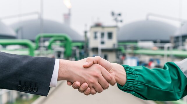 Business deal handshake in a biogas waste-to-energy facility. Dome shaped anaerobic digester tanks and a gas flare stack visible in background.