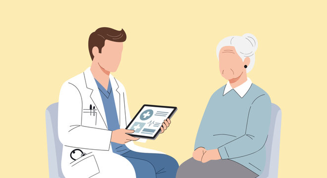 Doctor consulting elderly patient, medical illustration