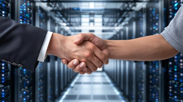 Business deal handshake in a data center and cloud computing facility. Rows of black server racks with blinking LED lights at a vanishing point visible in background.