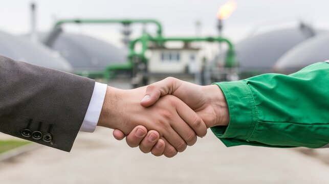 Business deal handshake in a biogas waste-to-energy facility. Dome shaped anaerobic digester tanks and a gas flare stack visible in background.