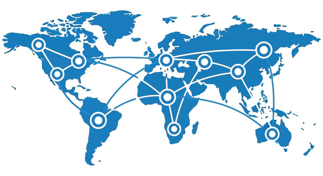 Global network connections illustrated with a world map and interconnected nodes