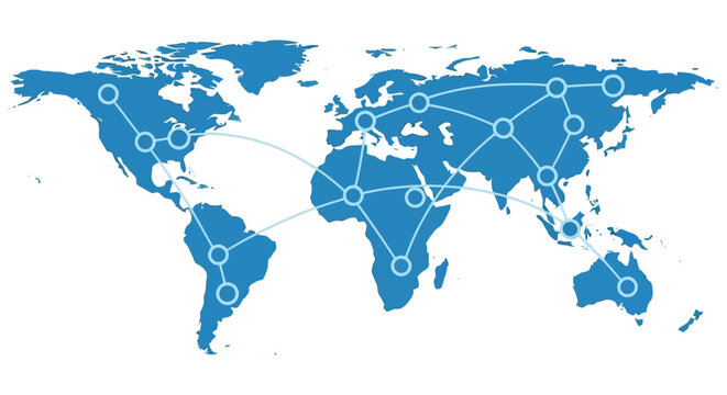 Global network connections illustrated on a world map with blue lines