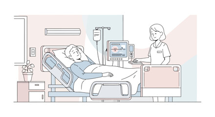 Fototapeta premium Hospital illustration: Patient monitored by nurse in bed