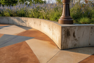 Fototapeta premium the curved concrete landscape wall of the outdoor public space is made from polished gray granite.
