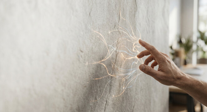 Close-up of Hand Touching Tactile Stone Wall with Glowing Abstract Light Trails and Ample Left Copy Space