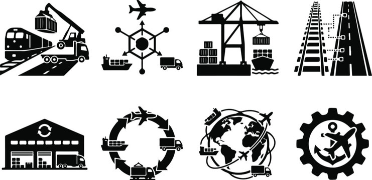 Global transportation and freight shipping network icon set featuring maritime port, rail, road, air cargo, warehouse distribution, and intermodal logistics symbols.