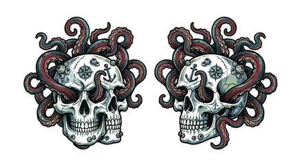 Twin skulls entwined with octopus tentacles in detailed tattoo style © colorshapppy