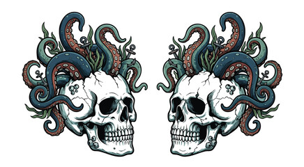 Symmetrical skulls with octopus tentacles in detailed vector illustration © colorshapppy