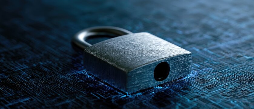 Metal padlock rests on a glowing blue circuit board, symbolizing digital security