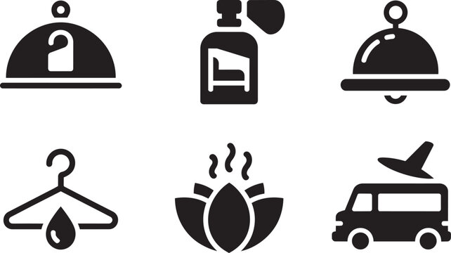 Hotel service icons set with do not disturb sign bell hanger spray and travel shuttle bus glyph icon
