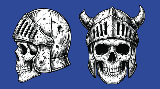 Vintage skulls wearing medieval knight helmets on blue background