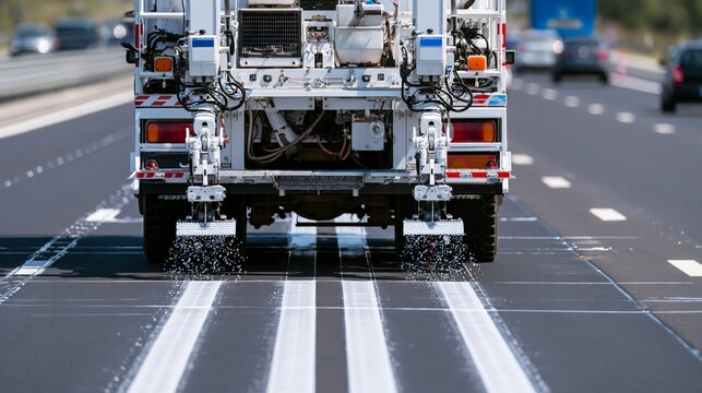 Road marking truck applying white lane lines simultaneously on a highway. Twin spray nozzles on asphalt with retroreflective glass bead dispensers, blurred adjacent lane traffic.