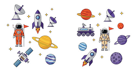 Outer Space Exploration Vector Illustration Set Featuring Astronauts Rockets Planets and Satellite Technology Equipment © MdMojnu