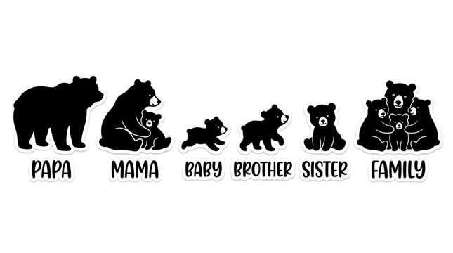 Black bear family icons, family tree, bear silhouettes, family members, papa mama baby brother sister